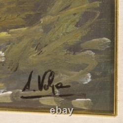 Tableau peinture huile sur toile paysage signé lac cadre style ancien 900