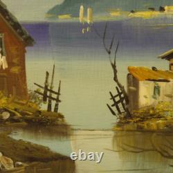 Tableau peinture huile sur toile paysage signé lac cadre style ancien 900