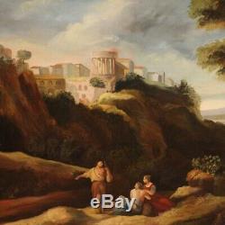 Tableau peinture paysage huile sur toile avec cadre style ancien personnages