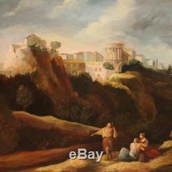 Tableau peinture paysage huile sur toile avec cadre style ancien personnages