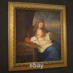 Tableau peinture sur toile avec cadre religieux Vierge avec enfant style ancien