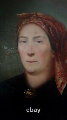 Tableau portrait ancien femme au foulard fin XIX début XX huile sur toile