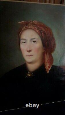Tableau portrait ancien femme au foulard fin XIX début XX huile sur toile