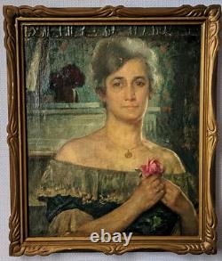 Tableau portrait ancien huile Victor MAREC 1862 1920 Femme tenant une rose