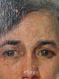 Tableau portrait ancien huile Victor MAREC 1862 1920 Femme tenant une rose