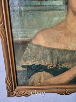 Tableau portrait ancien huile Victor MAREC 1862 1920 Femme tenant une rose
