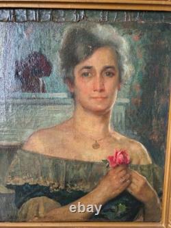 Tableau portrait ancien huile Victor MAREC 1862 1920 Femme tenant une rose