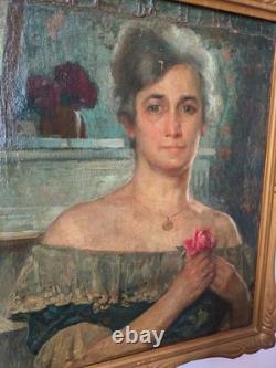 Tableau portrait ancien huile Victor MAREC 1862 1920 Femme tenant une rose