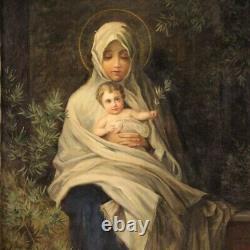 Tableau religieux Vierge avec enfant huile sur toile peinture style ancien