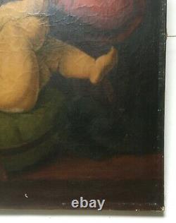 Tableau religieux ancien, Huile sur toile, Vierge à l'enfant, XIXe ou avant