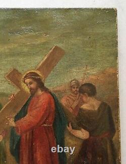 Tableau religieux ancien, Le Christ portant la croix, Huile sur toile, XIXe