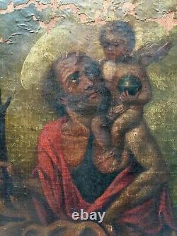 Tableau religieux ancien, Saint Christophe, Huile sur toile, XIXe ou avant