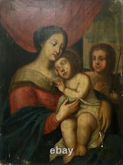 Tableau religieux ancien, Vierge à l'enfant, Huile sur panneau, XVIIIe