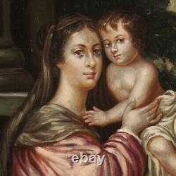 Tableau religieux peinture ancienne Vierge avec enfant huile sur cuivre 800