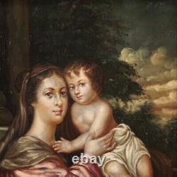Tableau religieux peinture ancienne Vierge avec enfant huile sur cuivre 800