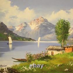 Tableau style ancien peinture paysage montagne huile sur toile cadre lac 900