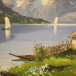Tableau style ancien peinture paysage montagne huile sur toile cadre lac 900