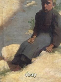 Tableaux Anciens, Jeune Paysanne Assise Au Bord De L'eau Circa 1900