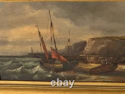 Tableaux ancien. Paysage Marin Voilérs Peinture huile sur panneau bois