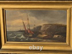 Tableaux ancien. Paysage Marin Voilérs Peinture huile sur panneau bois
