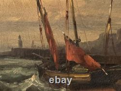 Tableaux ancien. Paysage Marin Voilérs Peinture huile sur panneau bois