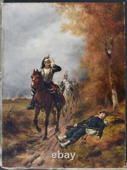 Théodore LÉVIGNE TABLEAU ANCIEN HUILE SUR TOILE XIX EME DEPART DE LA CAVALERIE