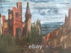 Très Belle Peinture Château Huile Sur Toile XVIIIe Paysage Mer Médiéval Ancien
