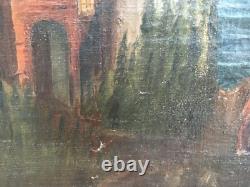 Très Belle Peinture Château Huile Sur Toile XVIIIe Paysage Mer Médiéval Ancien
