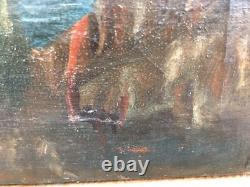 Très Belle Peinture Château Huile Sur Toile XVIIIe Paysage Mer Médiéval Ancien