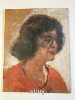 Très Belle Peinture Huile sur panneau bois femme portrait 1950 Lunettes Ancien