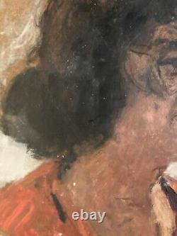 Très Belle Peinture Huile sur panneau bois femme portrait 1950 Lunettes Ancien