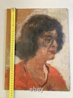 Très Belle Peinture Huile sur panneau bois femme portrait 1950 Lunettes Ancien