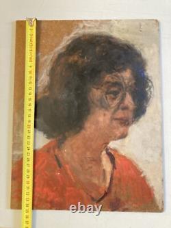 Très Belle Peinture Huile sur panneau bois femme portrait 1950 Lunettes Ancien