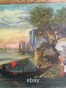 Très ancien tableau huile sur bois, thème pêche et bateaux