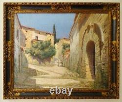 Un coin du Vieux Hyères Grande huile sur toile Cadre ancien