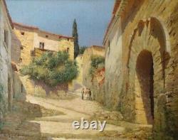 Un coin du Vieux Hyères Grande huile sur toile Cadre ancien
