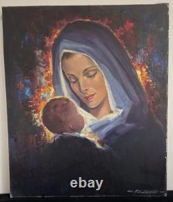 VIERGE à L'Enfant JÉSUS huile sur toile Robert Falcucci tableau ancien XX è
