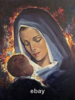 VIERGE à L'Enfant JÉSUS huile sur toile Robert Falcucci tableau ancien XX è