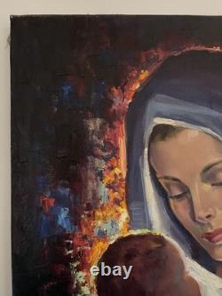 VIERGE à L'Enfant JÉSUS huile sur toile Robert Falcucci tableau ancien XX è