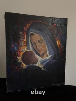 VIERGE à L'Enfant JÉSUS huile sur toile Robert Falcucci tableau ancien XX è