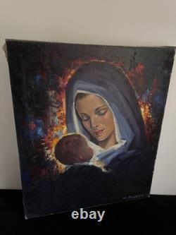VIERGE à L'Enfant JÉSUS huile sur toile Robert Falcucci tableau ancien XX è