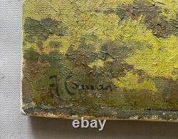 Vache devant une ferme, tableau ancien, peinture, signature à identifier, XXe