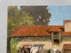 Vache devant une ferme, tableau ancien, peinture, signature à identifier, XXe