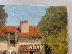 Vache devant une ferme, tableau ancien, peinture, signature à identifier, XXe