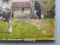 Vache devant une ferme, tableau ancien, peinture, signature à identifier, XXe