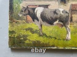 Vache devant une ferme, tableau ancien, peinture, signature à identifier, XXe