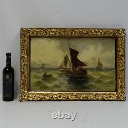 Vers 1850-1900 Peinture ancienne à l'huile Paysage marin avec des navire 69x48cm