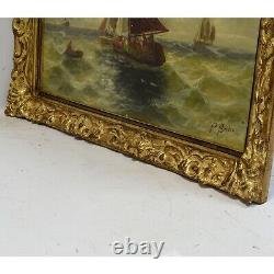 Vers 1850-1900 Peinture ancienne à l'huile Paysage marin avec des navire 69x48cm