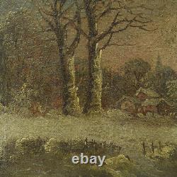 Vers 1880-1900 Peinture ancienne à l'huile Paysage d'hiver avec une ferme 38x32