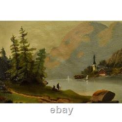 Vers 1880-1900 Peinture ancienne à l'huile paysage avec montagnes 58x42 cm